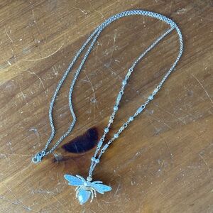 Bee Pendant Long Necklace, Silver Tone Metal